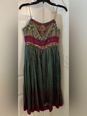 Karishma Ethnic Indian Wear Green and Magenta Embellished Spaghetti-Strap Dress